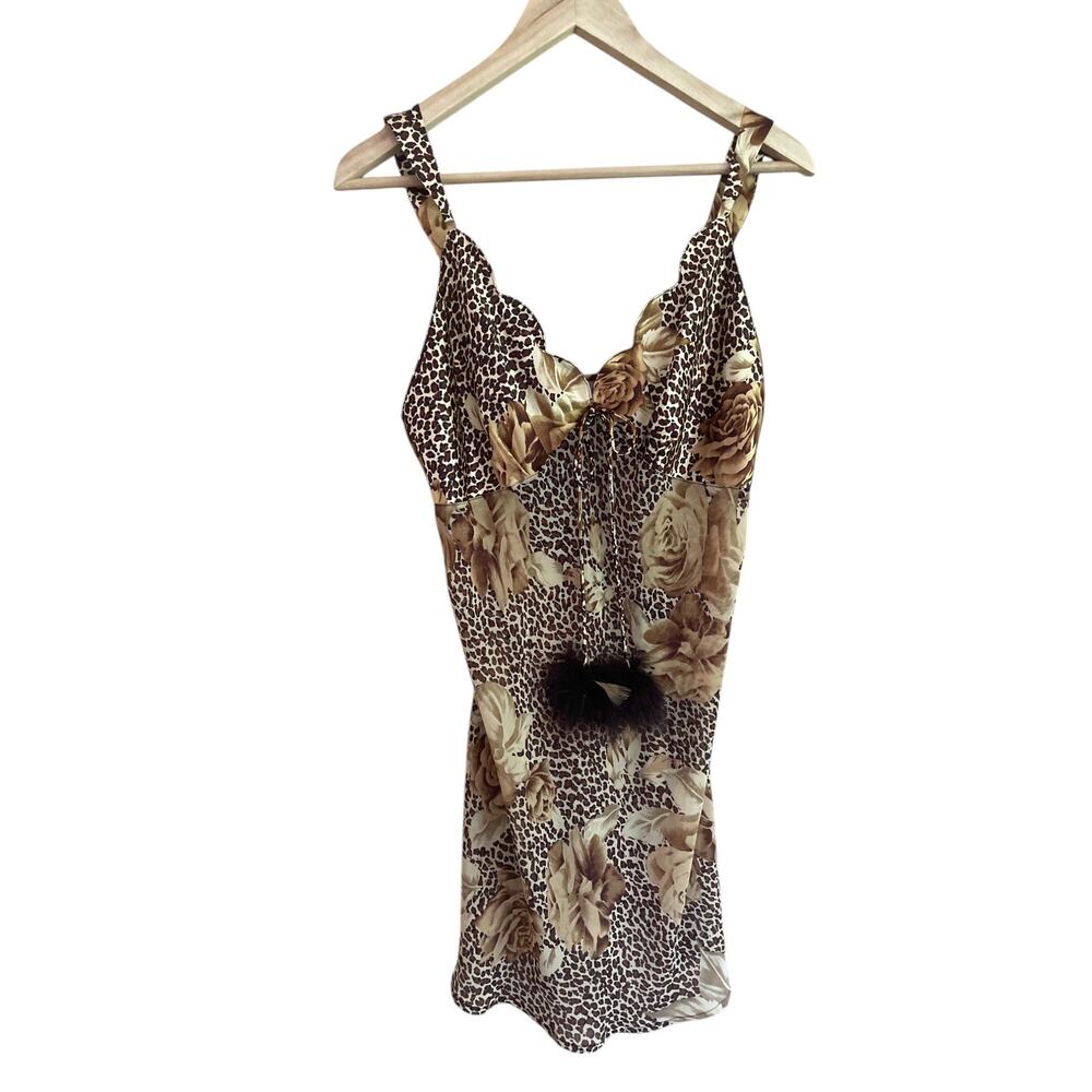 Enchanting | Satin Lingerie Nightgown | Rose & Leopard Print | Brown | M